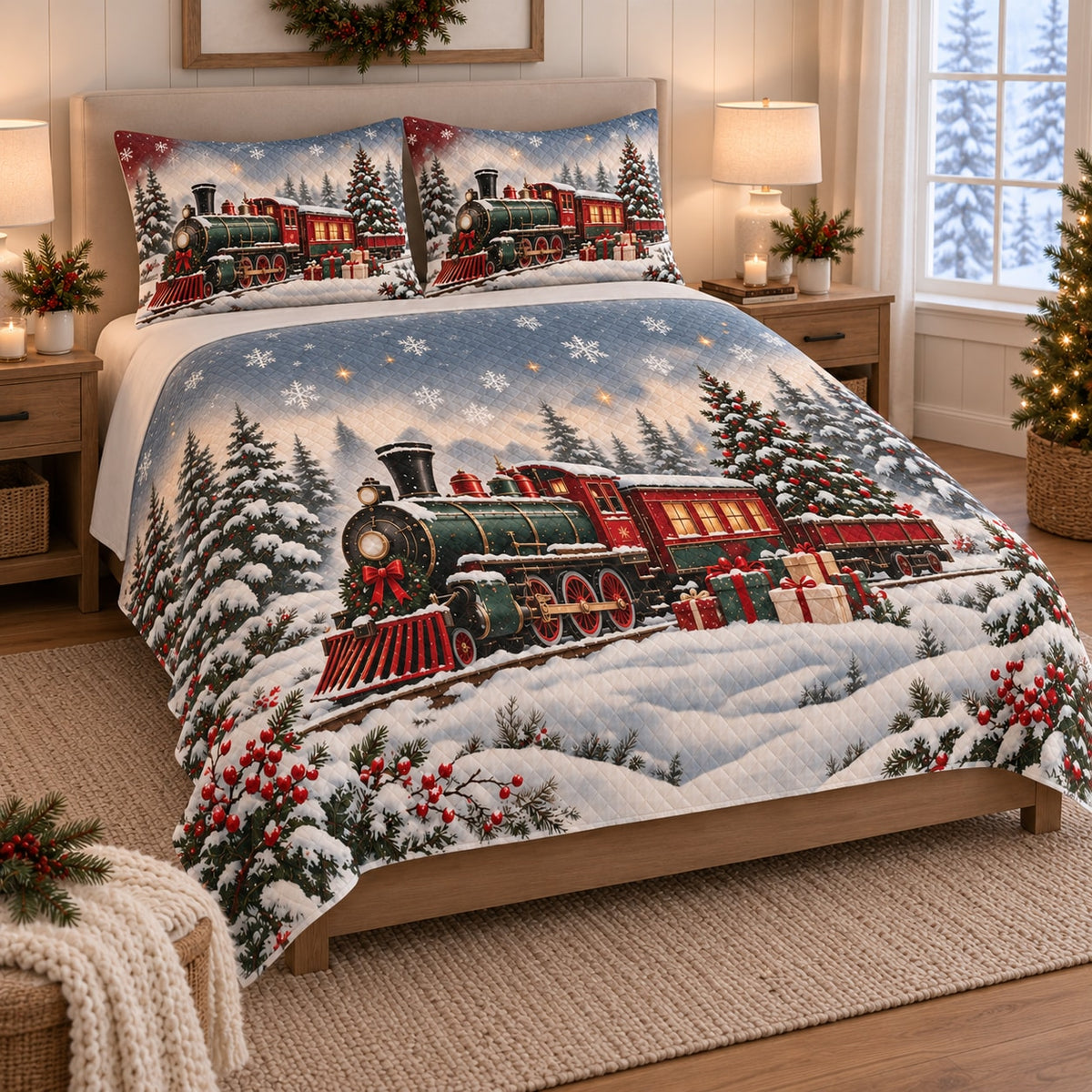 Christmas Train Snowy Forest Quilt Set on a bed, angled view showing the quilt design and two coordinating pillow shams