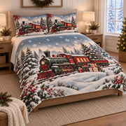 Christmas Train Snowy Forest Quilt Set on a bed, angled view showing the quilt design and two coordinating pillow shams