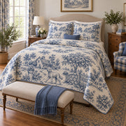 Blue Village Walk Goldendoodle Country Toile Quilt Set, angled goldendoodle country toile bedroom view