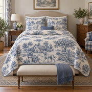 Blue Village Walk Goldendoodle Country Toile Quilt Set, front goldendoodle country toile bedroom view
