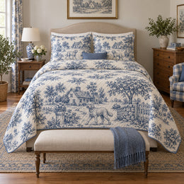 Blue Village Walk Goldendoodle Country Toile Quilt Set
