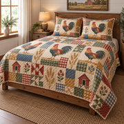 Farmhouse Patchwork Rooster Quilt Set, angled rooster bedroom view