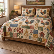 Farmhouse Patchwork Rooster Quilt Set, front rooster bedroom view