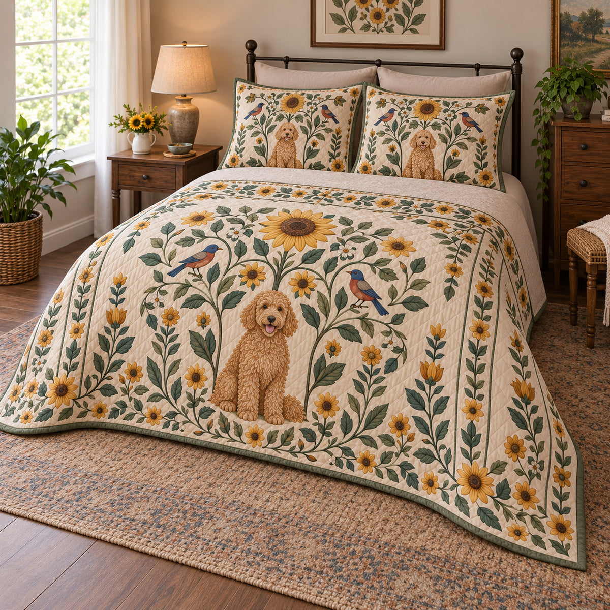 A curly goldendoodle sits beneath a tall folk sunflower, surrounded by mirrored leaves, smaller blooms and birds on warm cream on a quilt set with two matching shams, angled view.