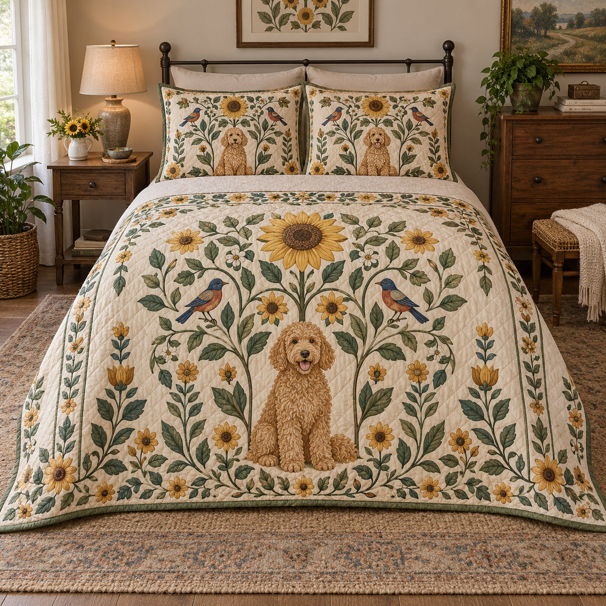 Folk Sunflower Goldendoodle Quilt Set