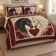 Black & White Horse Heart Rose Quilt Set: angled bedroom view showing the quilt artwork and coordinating shams