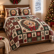 Golden Retriever Christmas Wreath Patchwork Quilt Set on a bed, angled view showing the quilt design and two coordinating pillow shams