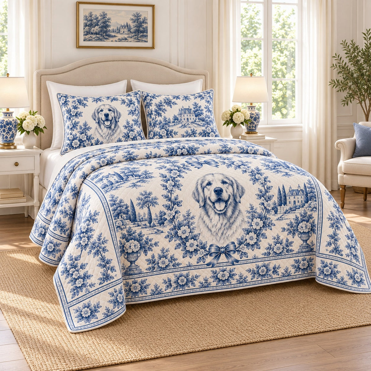Golden Retriever French Toile Quilt Set, Blue and Ivory Dog Bedding on a bed, angled view showing the quilt design and two coordinating pillow shams