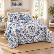 Golden Retriever French Toile Quilt Set, Blue and Ivory Dog Bedding on a bed, angled view showing the quilt design and two coordinating pillow shams