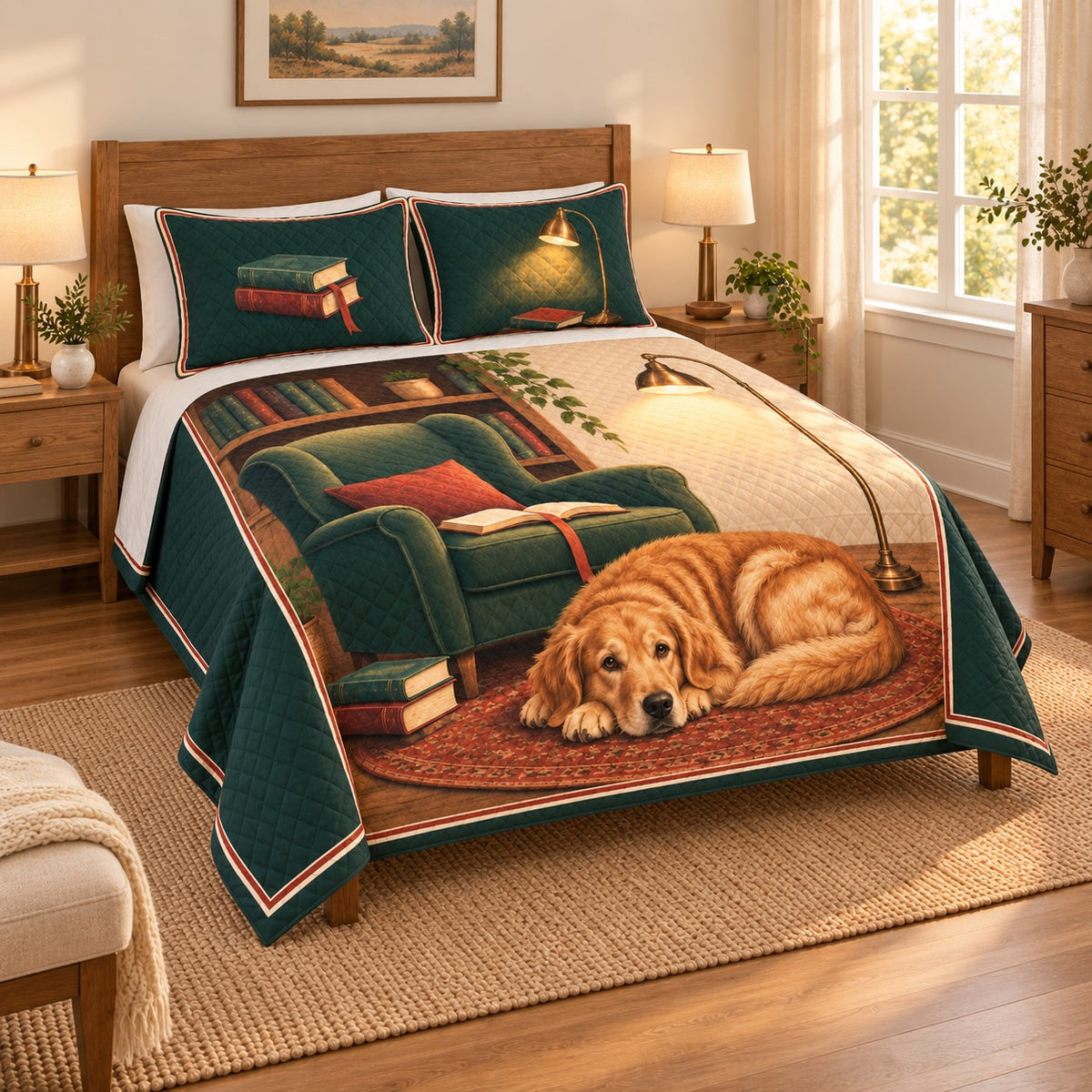 Golden Retriever Book Lover Quilt Set, Cozy Reading Nook Dog Bedding on a bed, angled view showing the quilt design and two coordinating pillow shams