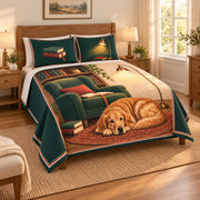 Golden Retriever Book Lover Quilt Set, Cozy Reading Nook Dog Bedding on a bed, angled view showing the quilt design and two coordinating pillow shams