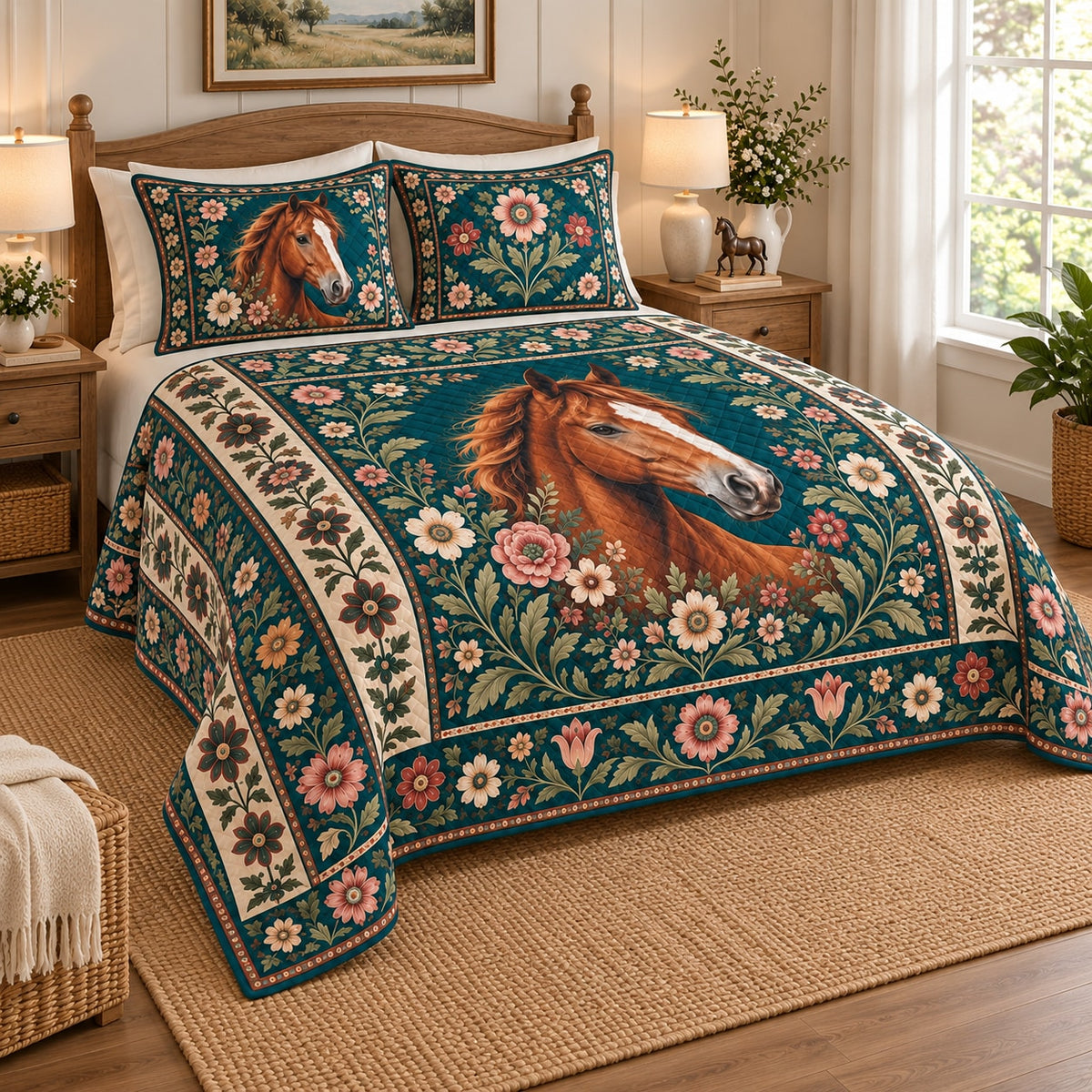 Folk Art Horse Garden Quilt Set on a bed, angled view showing the quilt design and two coordinating pillow shams