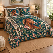 Folk Art Horse Garden Quilt Set on a bed, angled view showing the quilt design and two coordinating pillow shams