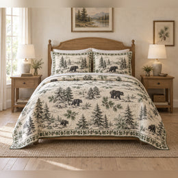 Black Bear Country Toile Quilt Set, Pine Forest