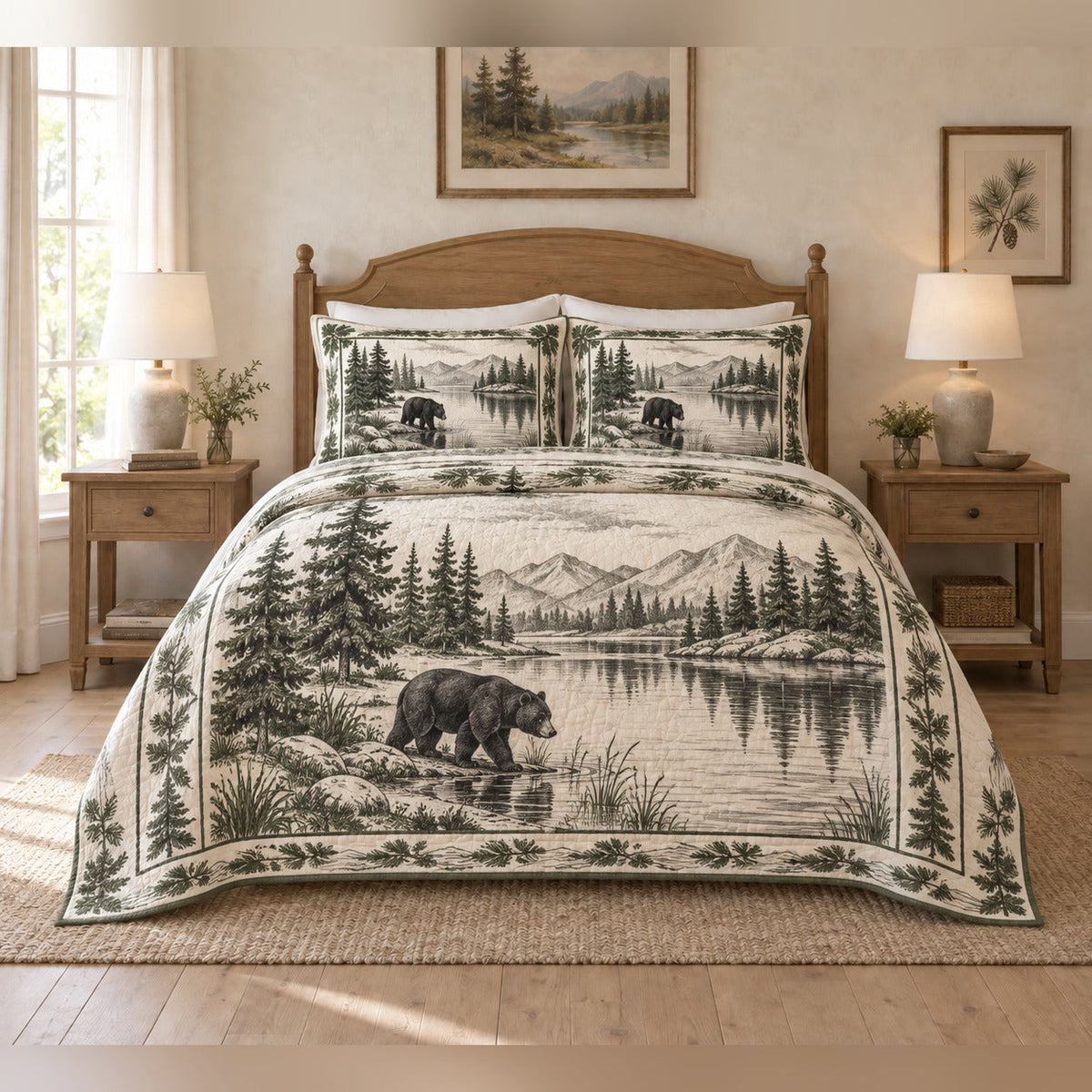 Black bear lakeside country toile quilt set with two matching pillow shams, full front view