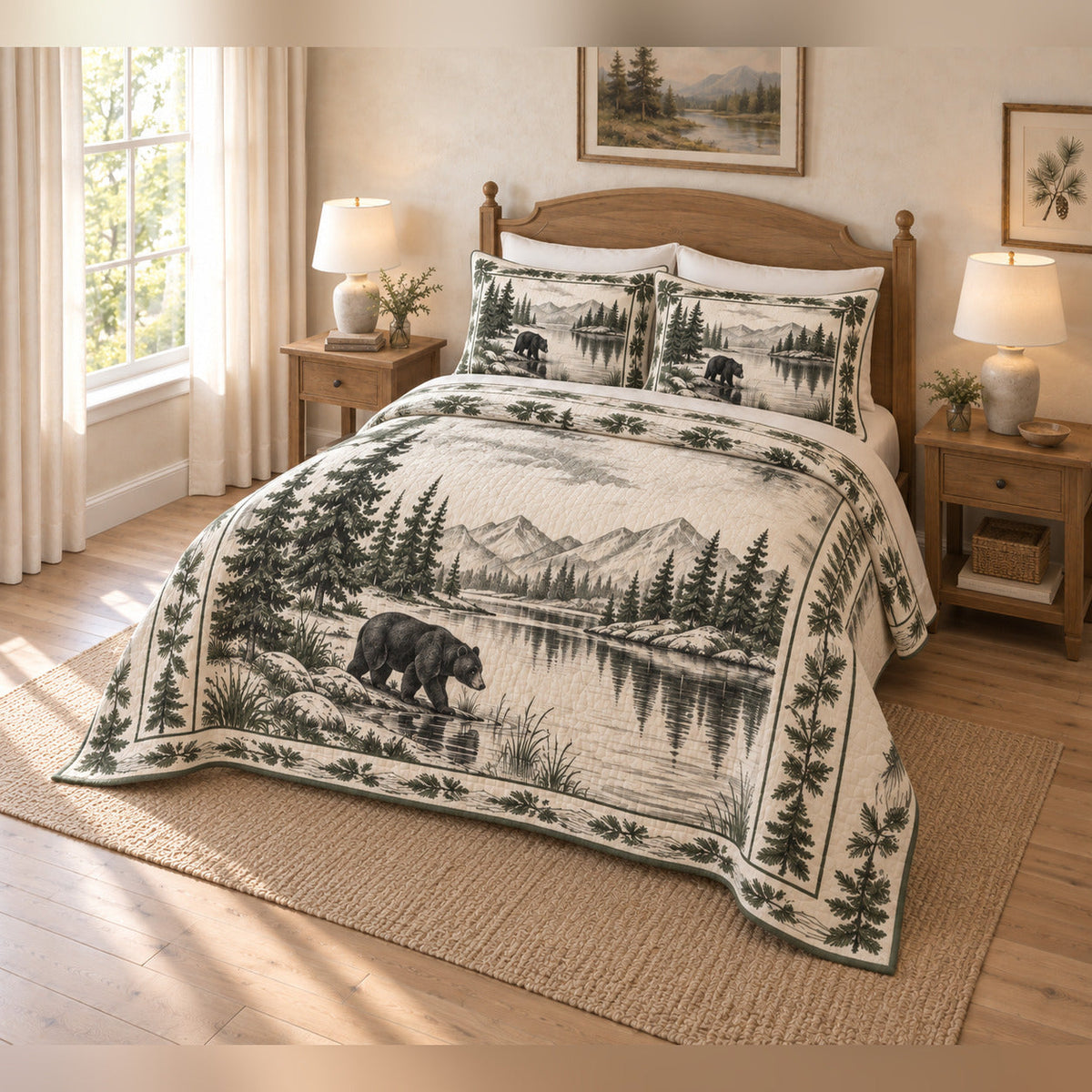 Black bear lakeside country toile quilt set from an angled view, with both pillow shams