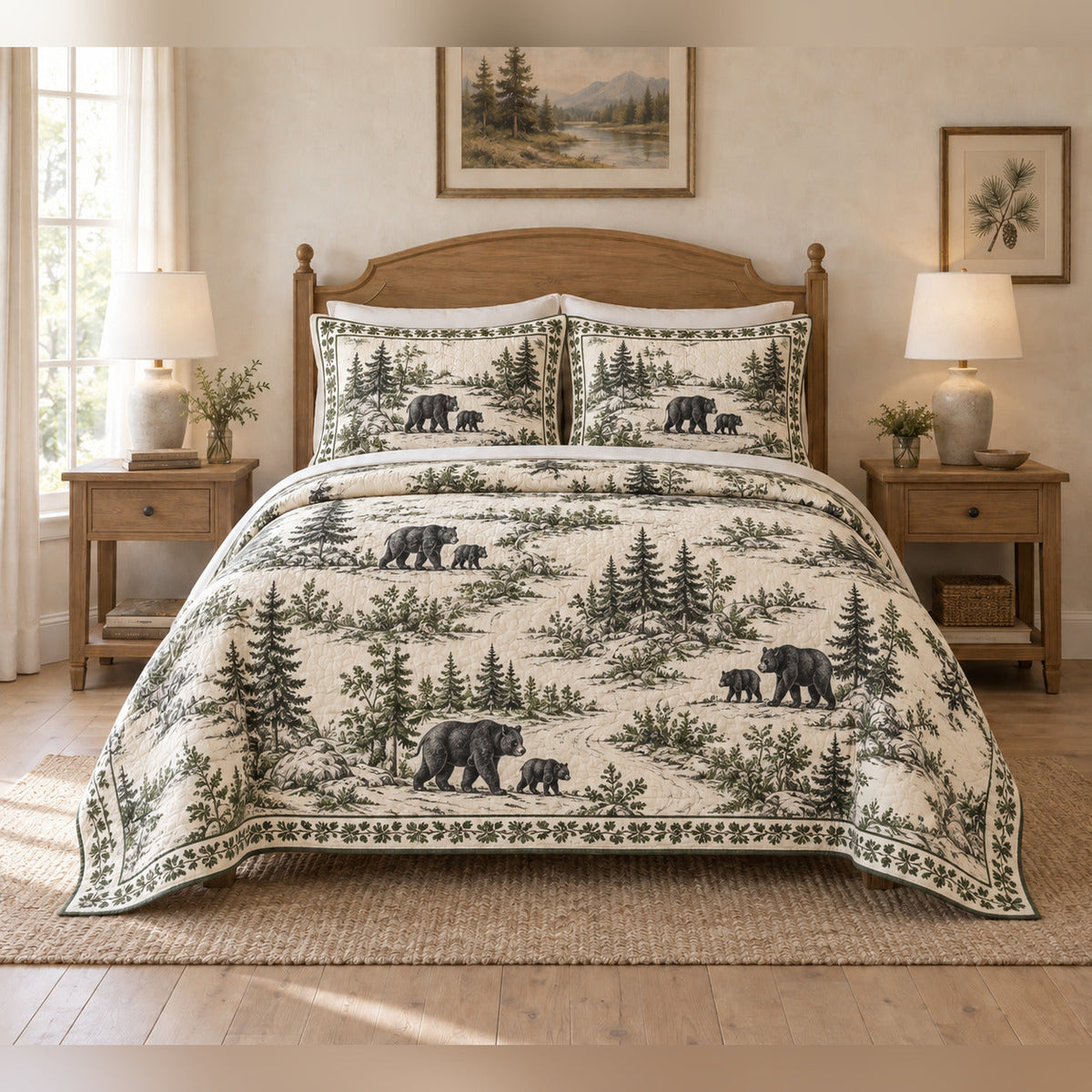 Black bear and cub country toile quilt set with two matching shams, complete front view