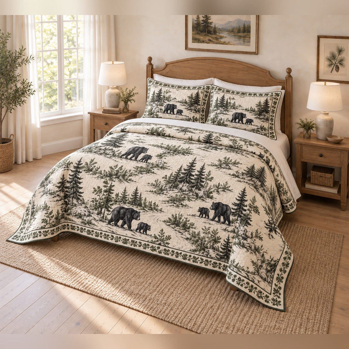 Black bear and cub country toile quilt set with matching shams, angled bedroom view