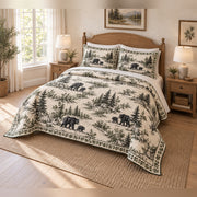 Black bear and cub country toile quilt set with matching shams, angled bedroom view