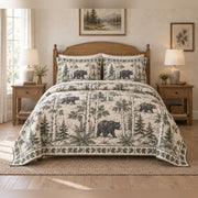 Black bear birch path toile quilt set with two matching shams, complete front view