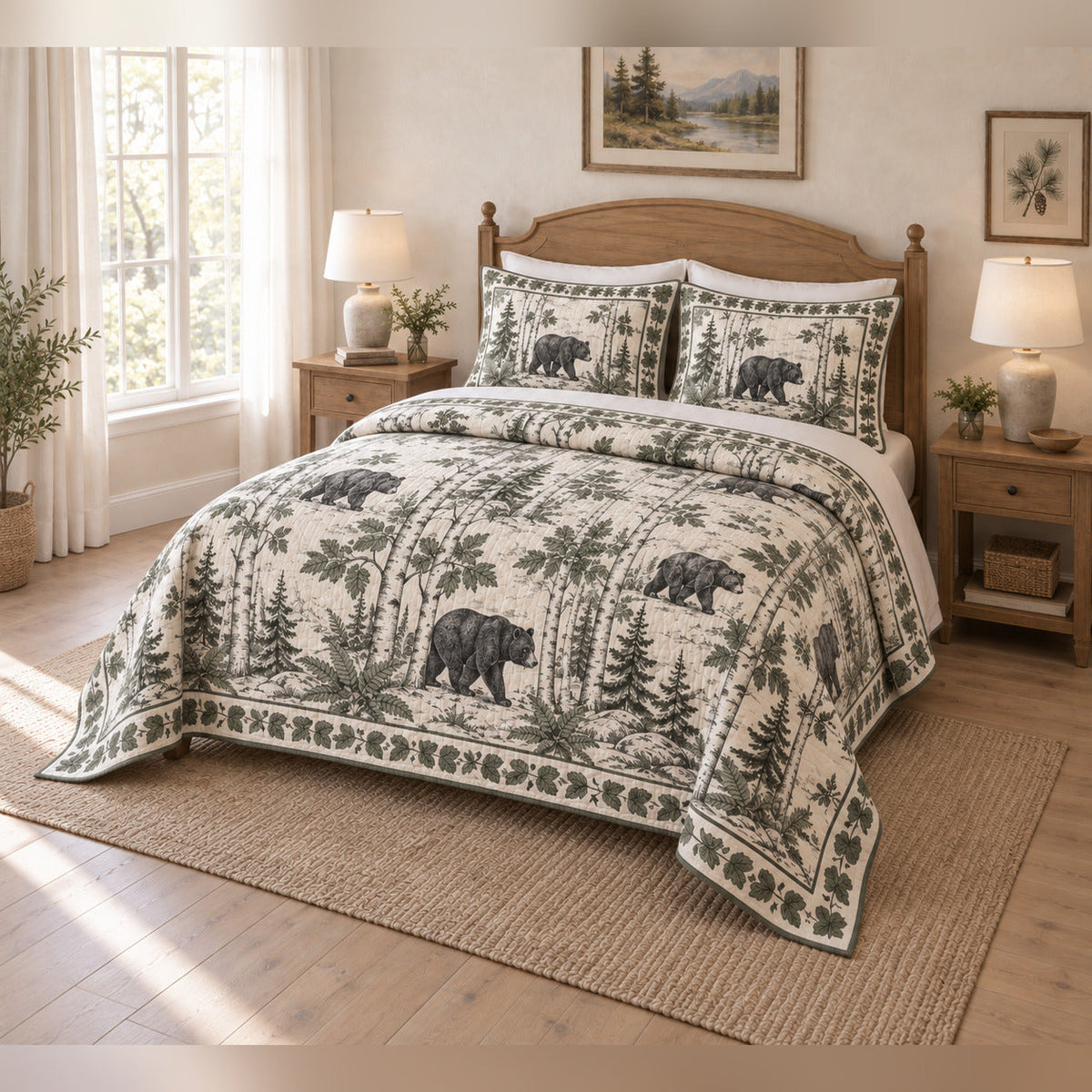 Black bear birch path toile quilt set with matching shams, angled bedroom view
