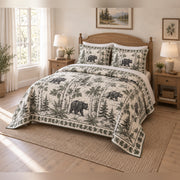 Black bear birch path toile quilt set with matching shams, angled bedroom view