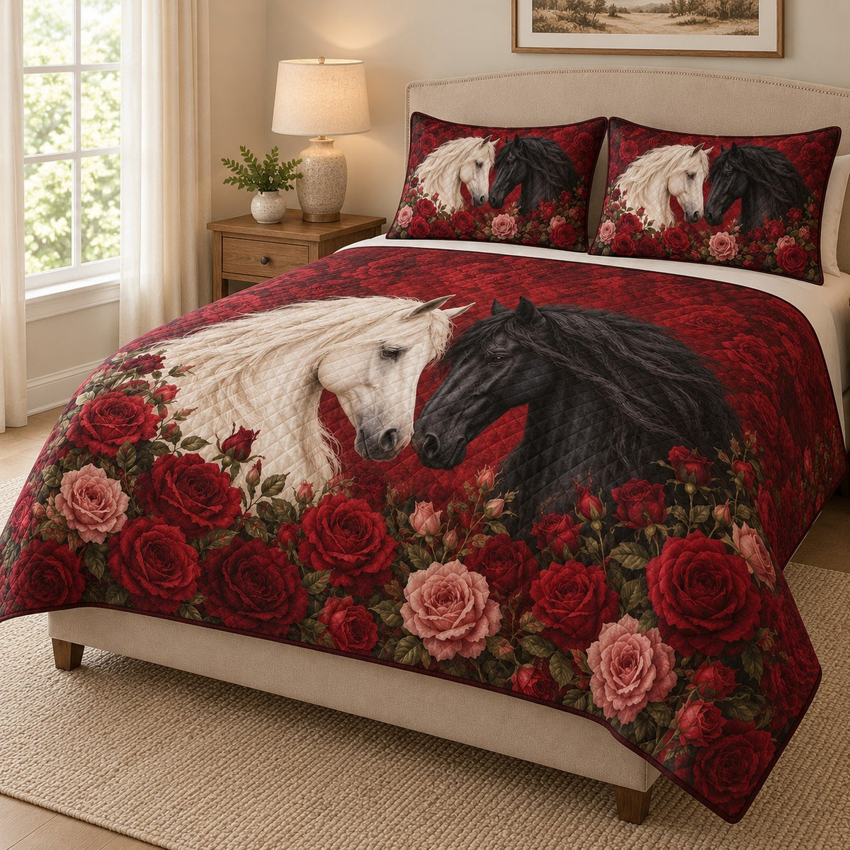 Black & White Horses Red Rose Quilt Set: angled bedroom view showing the quilt artwork and coordinating shams