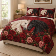 Black & White Horses Red Rose Quilt Set: angled bedroom view showing the quilt artwork and coordinating shams