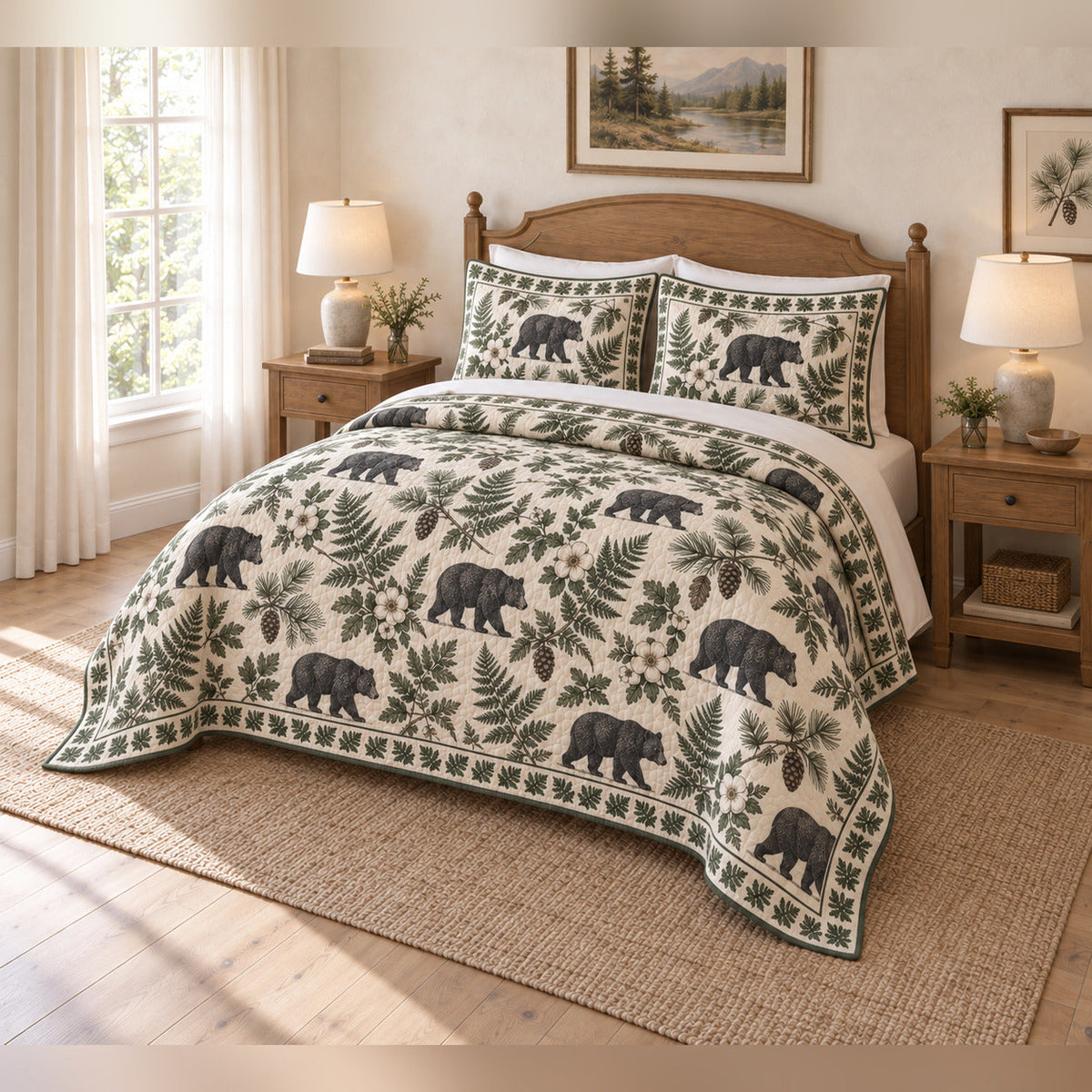 Black Bear Botanical Country Toile Quilt Set with matching shams, angled bedroom view