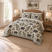 Black Bear Botanical Country Toile Quilt Set with matching shams, angled bedroom view