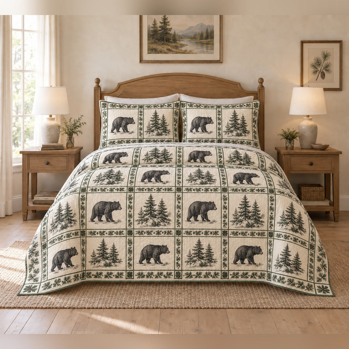 Black Bear Country Toile Panel Quilt Set with matching shams, complete front view