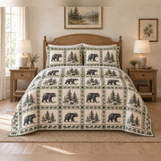 Black Bear Country Toile Panel Quilt Set with matching shams, complete front view