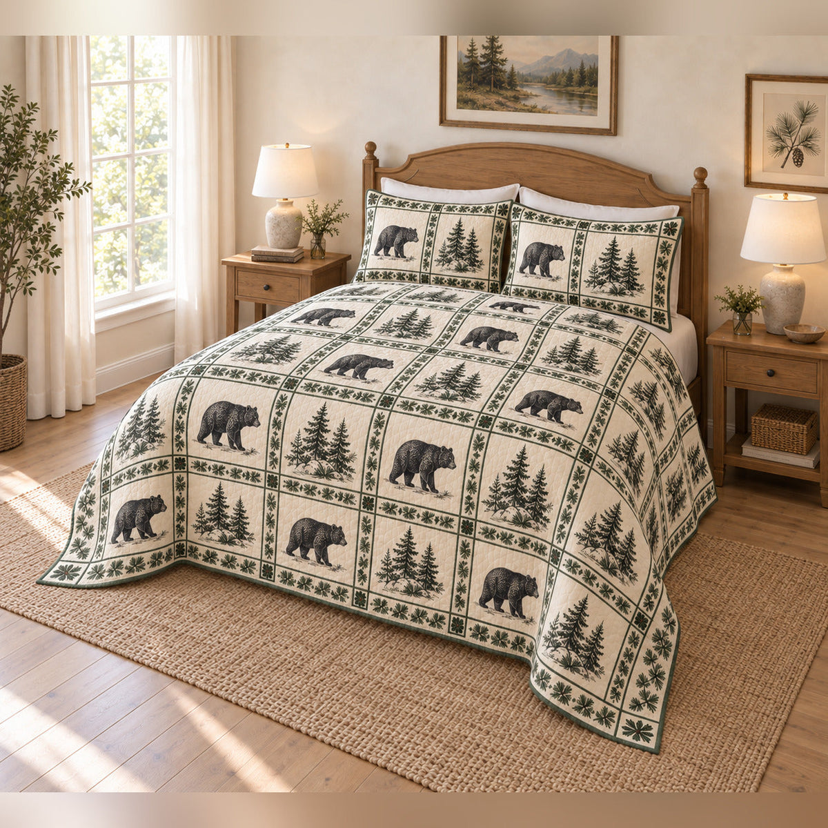 Black Bear Country Toile Panel Quilt Set with matching shams, angled bedroom view
