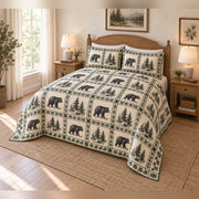 Black Bear Country Toile Panel Quilt Set with matching shams, angled bedroom view