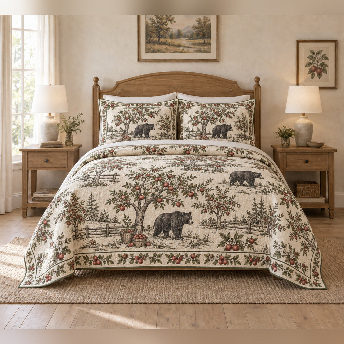 Black Bear Orchard Country Toile Quilt Set with matching shams, complete front view