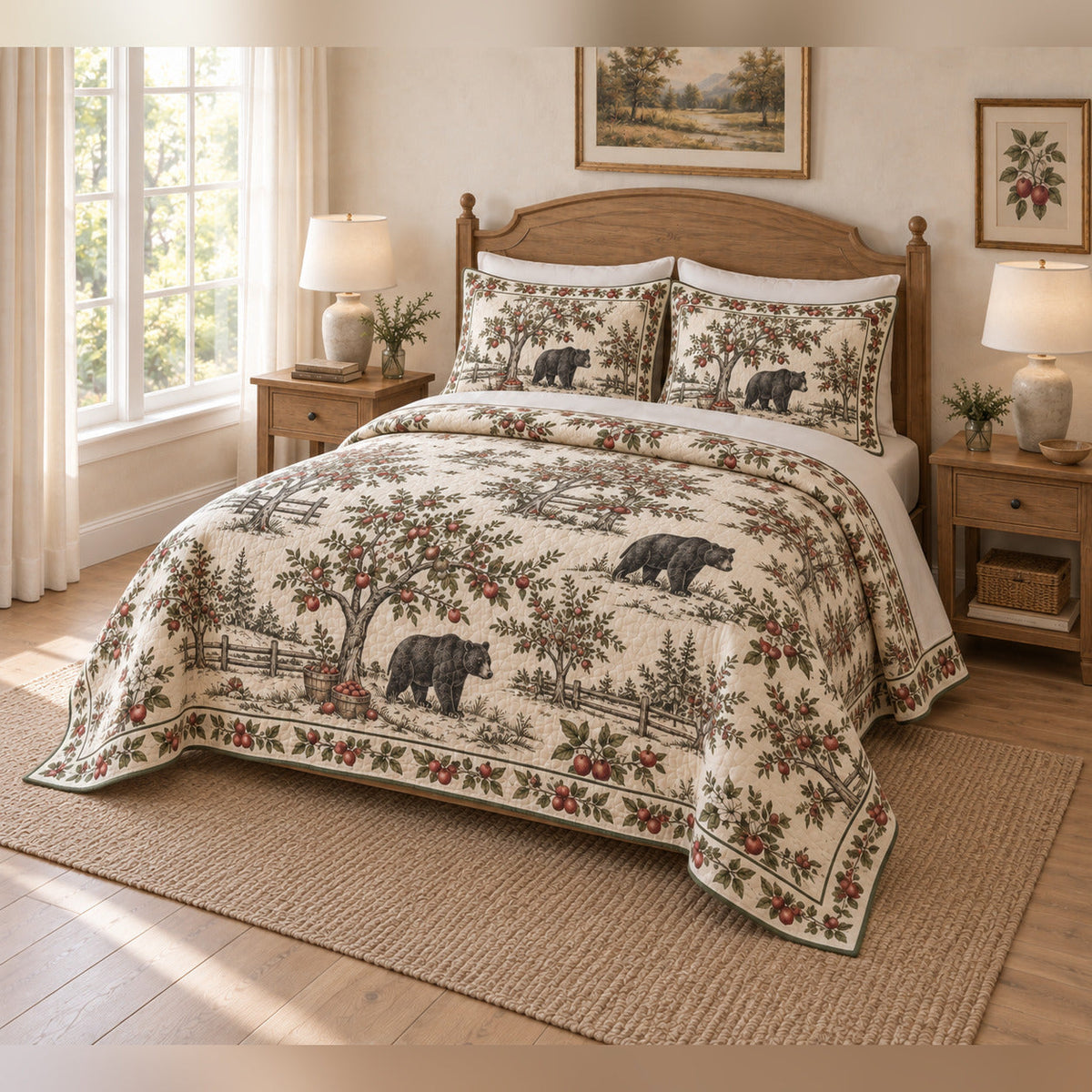 Black Bear Orchard Country Toile Quilt Set with matching shams, angled bedroom view
