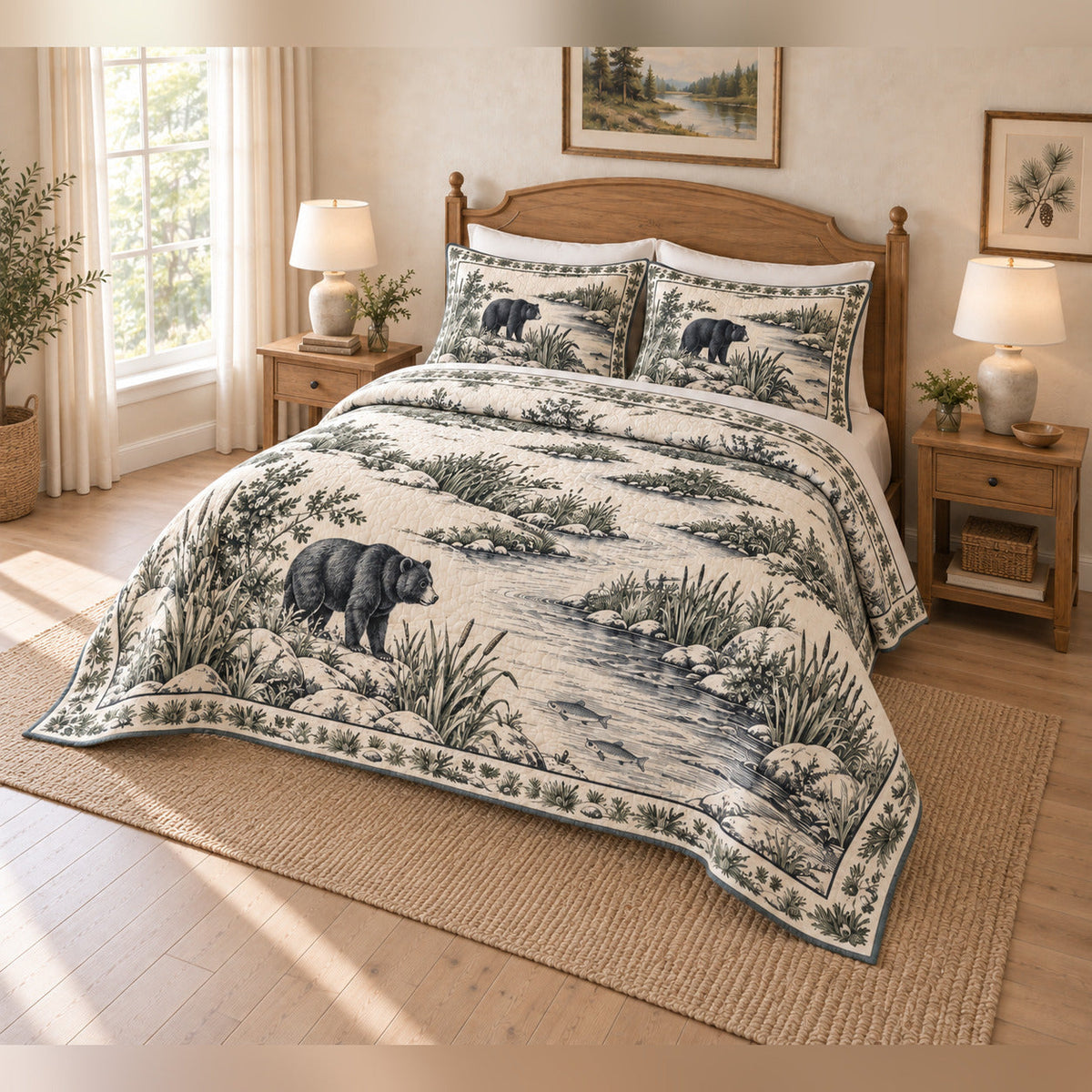 Black Bear River Bend Country Toile Quilt Set with matching shams, angled bedroom view