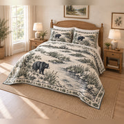 Black Bear River Bend Country Toile Quilt Set with matching shams, angled bedroom view