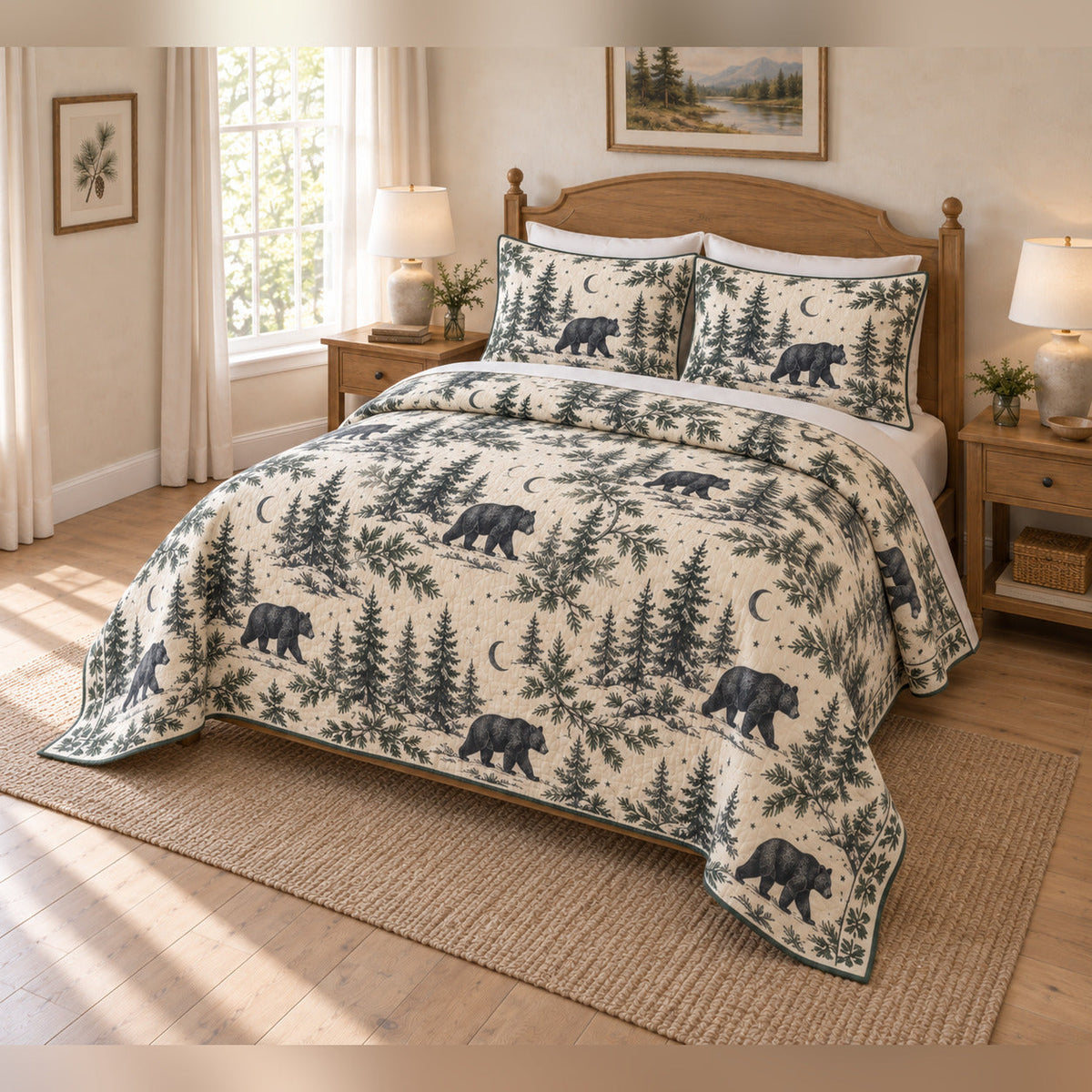 Black Bear Moonlit Woodland Toile Quilt Set with matching shams, angled bedroom view