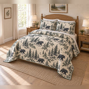 Black Bear Moonlit Woodland Toile Quilt Set with matching shams, angled bedroom view