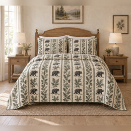 Black Bear Woodland Stripe Toile Quilt Set