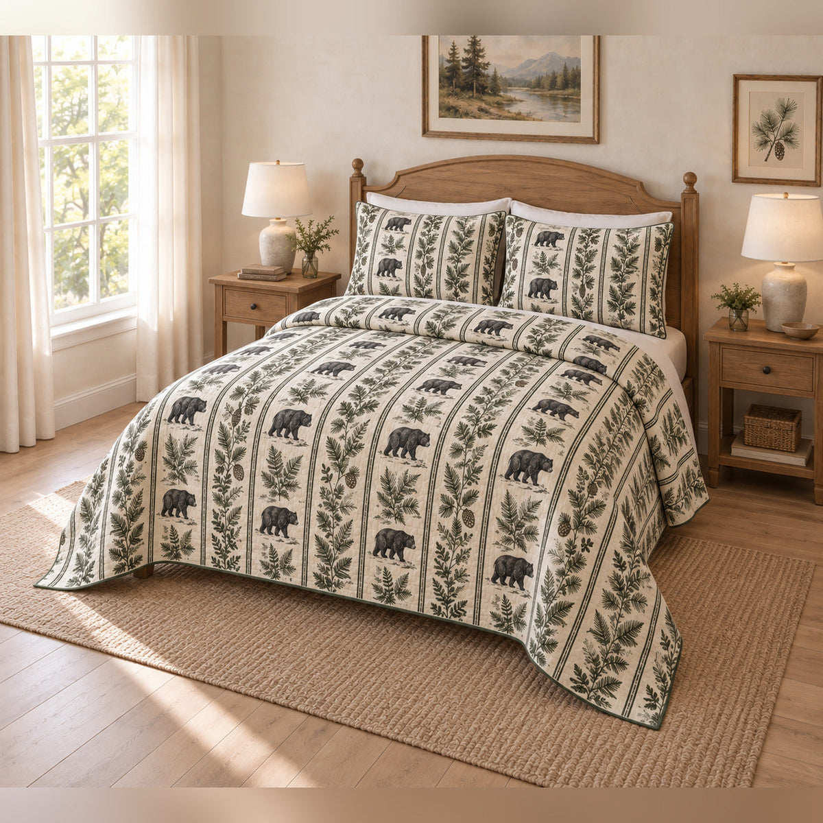 Black Bear Woodland Stripe Toile Quilt Set with matching shams, angled bedroom view