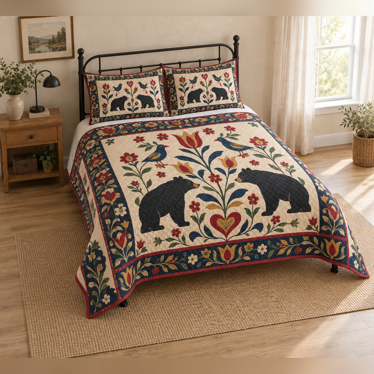 Fraktur Bloom Black Bear Folk Garden Quilt Set, angled bedroom view