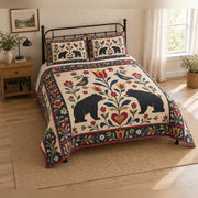 Fraktur Bloom Black Bear Folk Garden Quilt Set, angled bedroom view