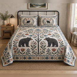 Nordic Meadow Black Bear Folk Garden Quilt Set