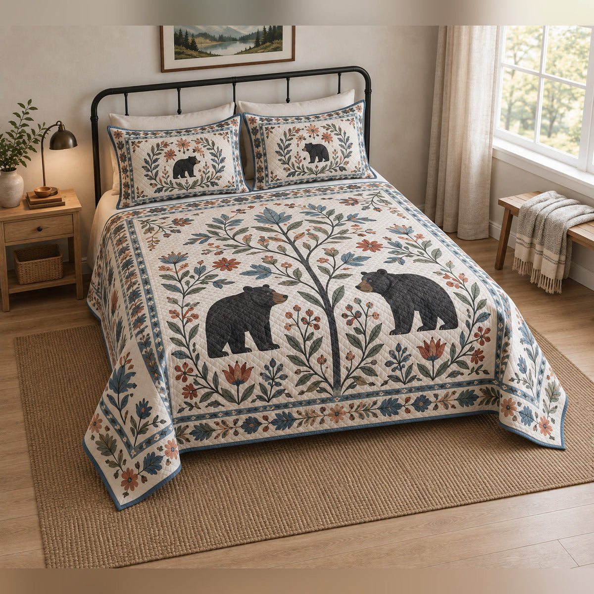 Nordic Meadow Black Bear Folk Garden Quilt Set, angled bedroom view