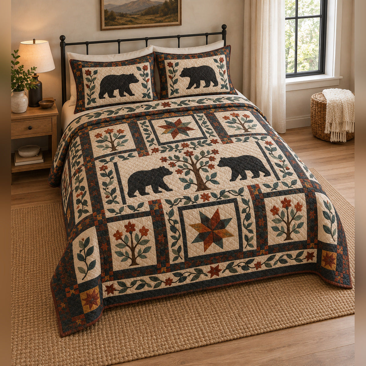 Appalachian Garden Blocks Black Bear Quilt Set, angled bedroom view