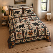 Appalachian Garden Blocks Black Bear Quilt Set, angled bedroom view