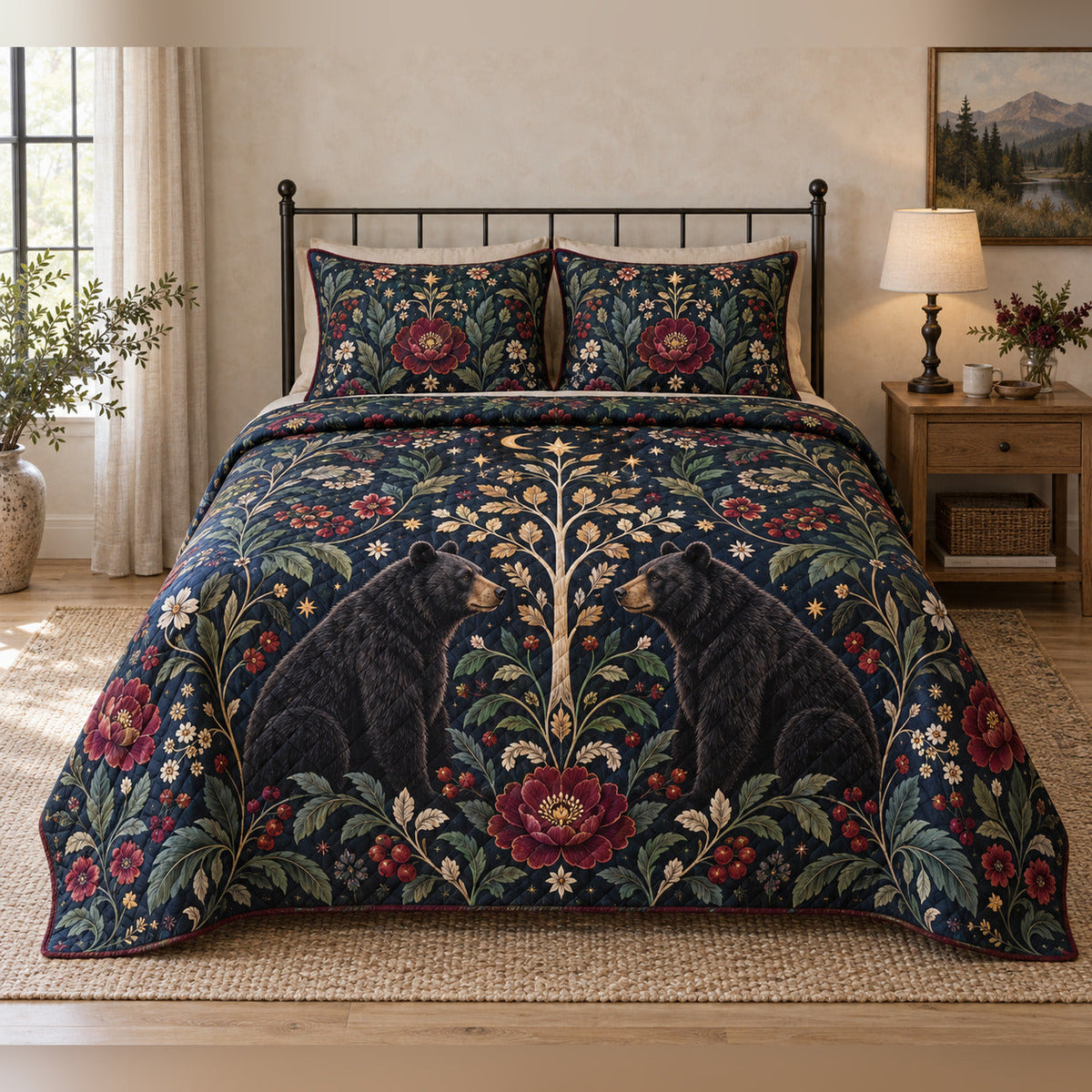 Midnight Jewel Black Bear Folk Garden Quilt Set, front bedroom view