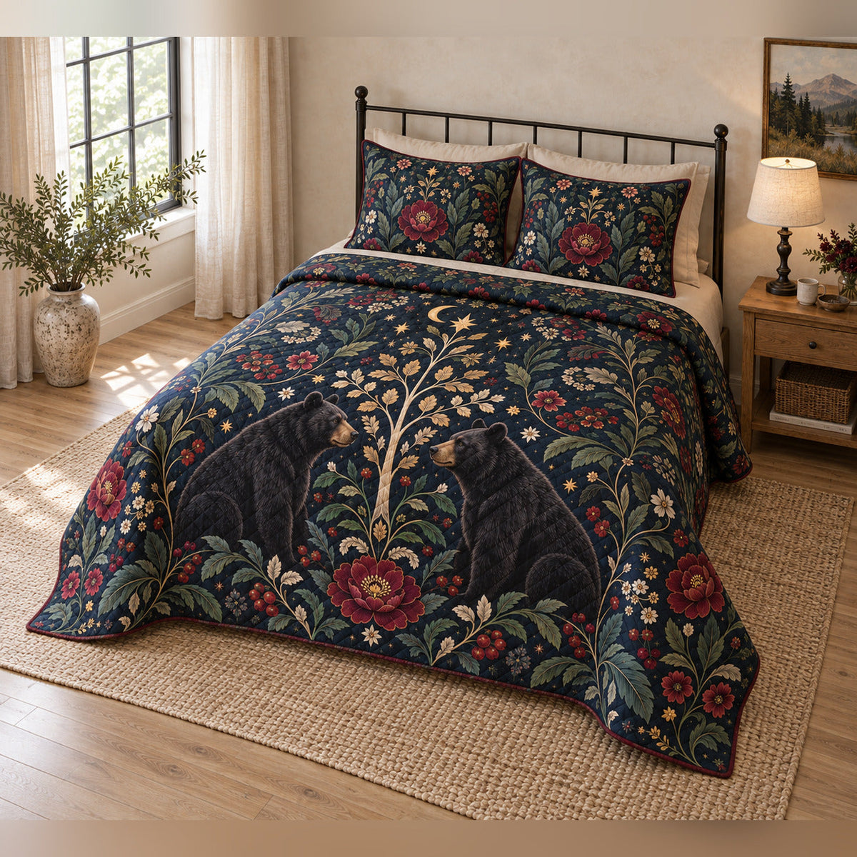 Midnight Jewel Black Bear Folk Garden Quilt Set, angled bedroom view